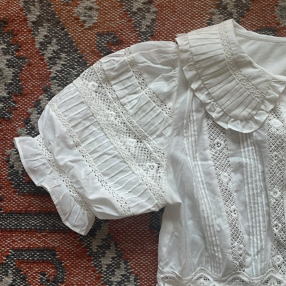 White Lace-Trim Puff Sleeve Dress - Picture 10 of 12